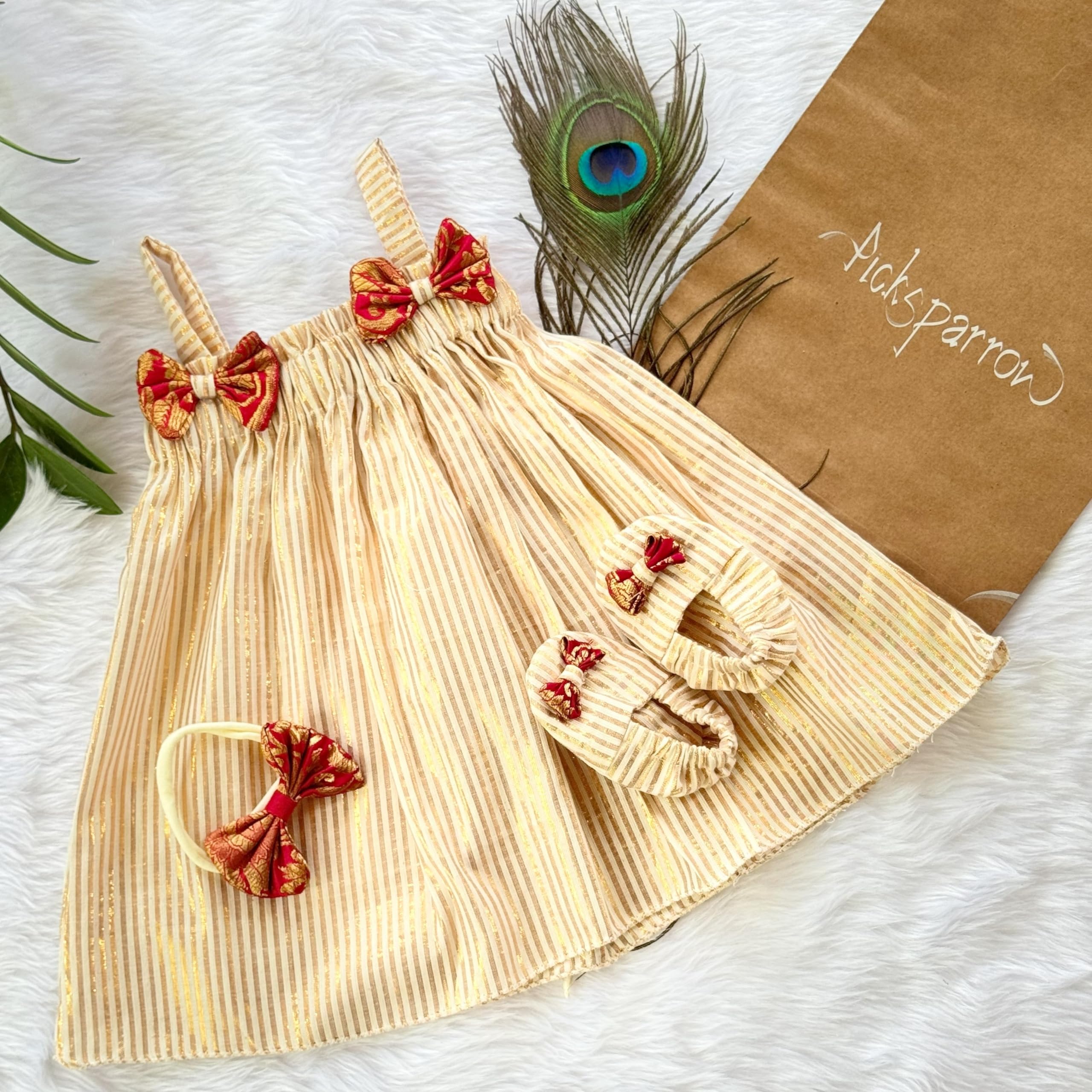 Picksparrow Baby Girl Fit And Flare Knee-Length Cotton Dress-Headband-Booties/Namakarana Set (Cotton-Lurex) (0-3 Months, Gold - Elastic Neck) - Image 2 thumbnail