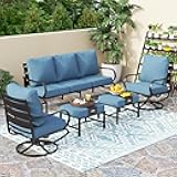 5 PCS Patio Furniture Set,Metal Deluxe Patio Set with 1 x 3 Seater Deep Seating Bench, 2 x Swivel Sofa Chairs & 2 x Metal Cushioned Ottoman, Outdoor Patio Set for Garden, Navy Blue