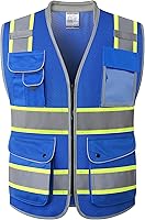 Vista 44 de JKSafety - Chaleco de seguridad azul con cremallera frontal de alta visibilidad, 9 bolsillos, azul con tiras reflectantes de doble tono, estándares