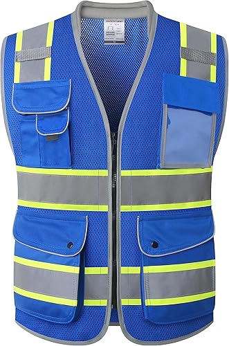 JKSafety Chaleco de seguridad de alta visibilidad con 9 bolsillos, tela de malla transpirable, cuello acolchado, utilidad de trabajo, PPE, equipo de