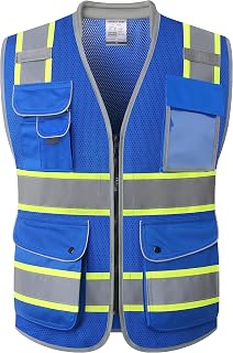 JKSafety 9 Pockets Hi-Vis Safety Vest Breathable Mesh Fabric Cushioned Collar Work Utility PPE Lightweight Industrial Work Gear ANSI/ISEA compliant (101-Blue XL)