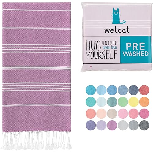 WETCAT Turkish Beach Towel Oversized (38"x71") 100% Turkish Cotton, Made in Turkey - Sand Free, Extra Large, Ultra Soft, Quick Drying, Compact & Lightweight for Travel - Purple