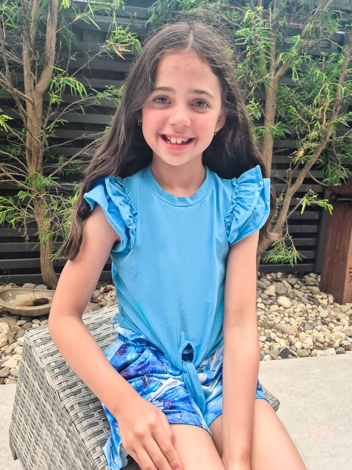 Kids4ever Girls 2Pcs Outfits For 5-12Y Ruffle Short Sleeve Tie Knot Front Top And Shorts Set For Kids School