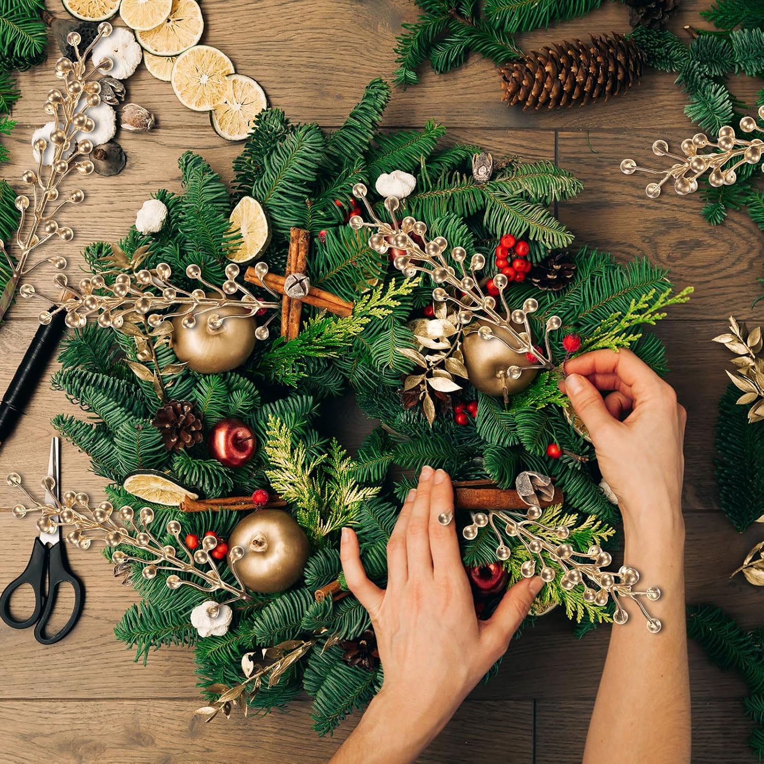 24 Pack Christmas Berry Stems 14 Inch Artificial Berry Picks Xmas Holly Berry Stem Branches for Christmas Tree Ornament Wreath Vase Floral Home DIY Crafts Holiday Decorations (Gold)