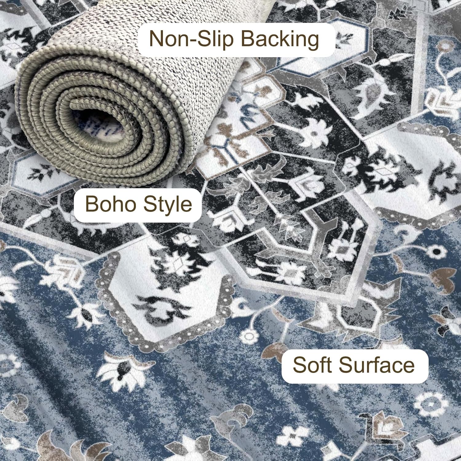 LOOMY 8x10 Area Rug - Extra Thick Plush Washable Carpet for Living Room & Bedroom, Large Faux Wool Rug with Non-Slip Backing Blue Washable Rug Navy Blue