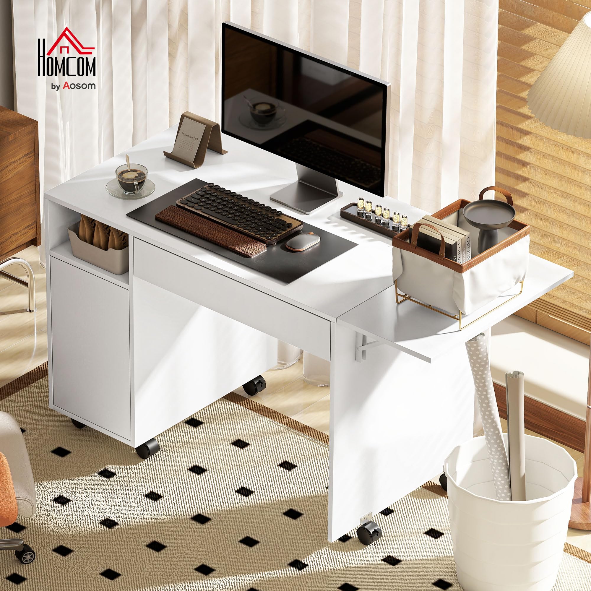 HOMCOM Escritorio Ordenador Plegable móvil sobre Ruedas 130x58cm Blanco | Escritorio con almacenamiento, cajón, estación de trabajo para espacios pequeños, dormitorio, sala de estar