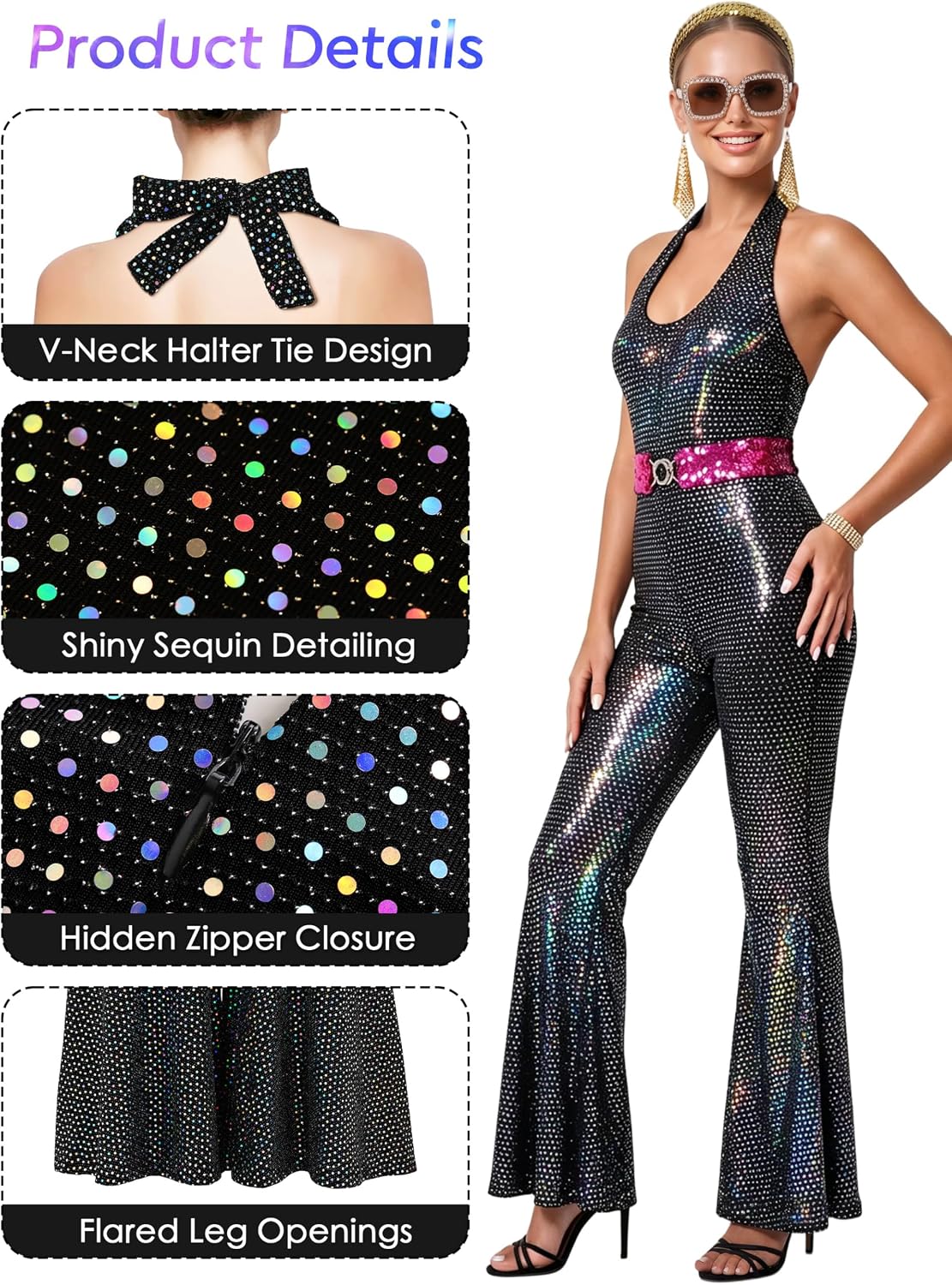 SOMSOC 70s Women Disco Fashion Jumpsuit Costume Accessories Set with Scarf Earrings Bracelet Glasses Belt for Halloween