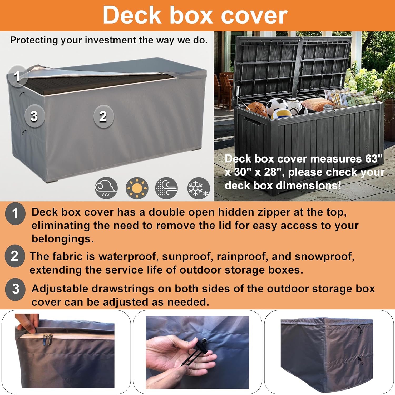 Deck Box Cover - Outdoor Storage Box Cover 150 Gallon, Heavy Duty 600D Oxford Cloth Water And Dust Resistant, Size 63 x 30 x 28 Inches Fits Most Patio Box. - Image 3