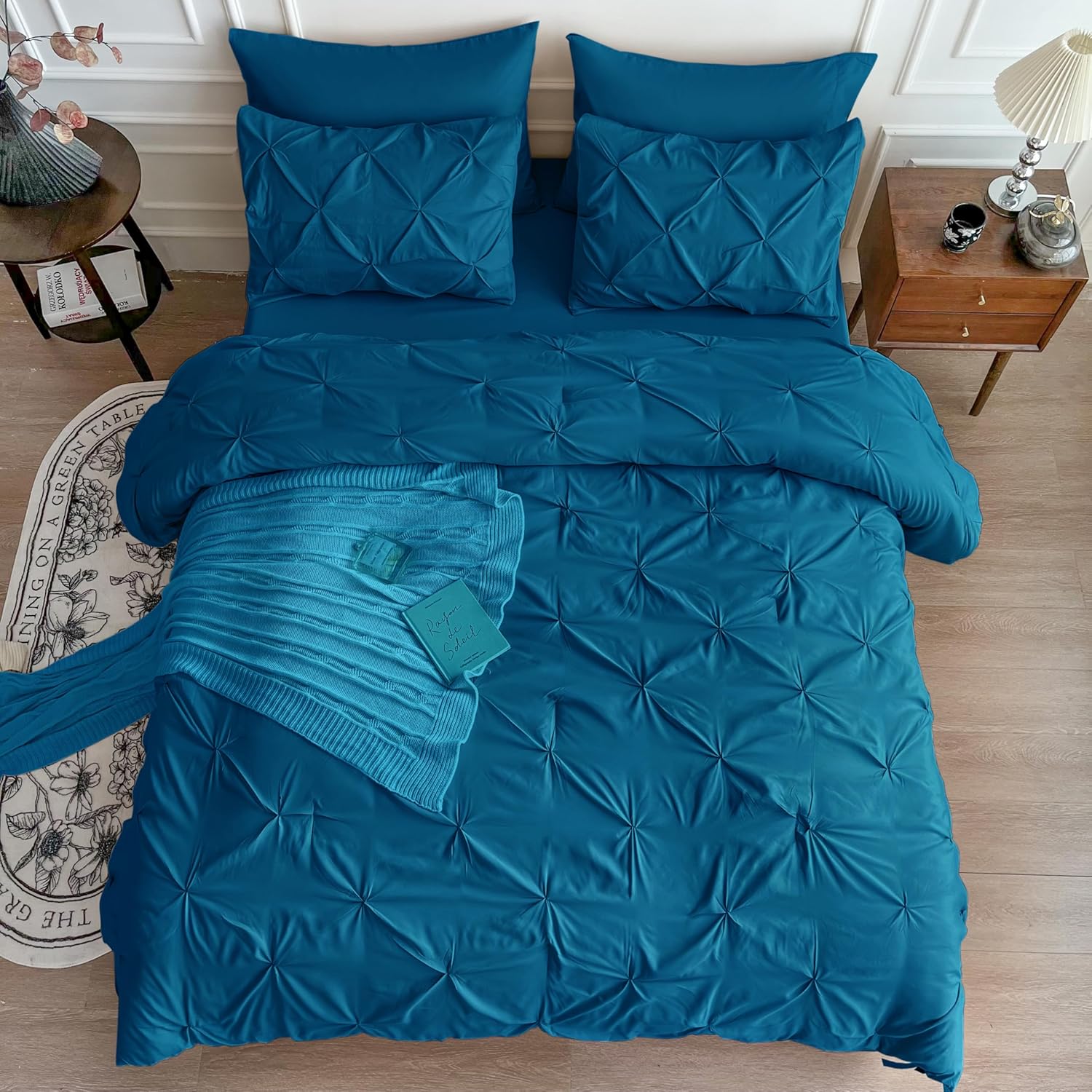 Maple&Stone Queen Teal Comforter Set 7 Pieces Pinch Pleat Bed in A Bag, Flat Sheet, Fitted Sheet, Pillowcases, Pillow Shams, Comforter