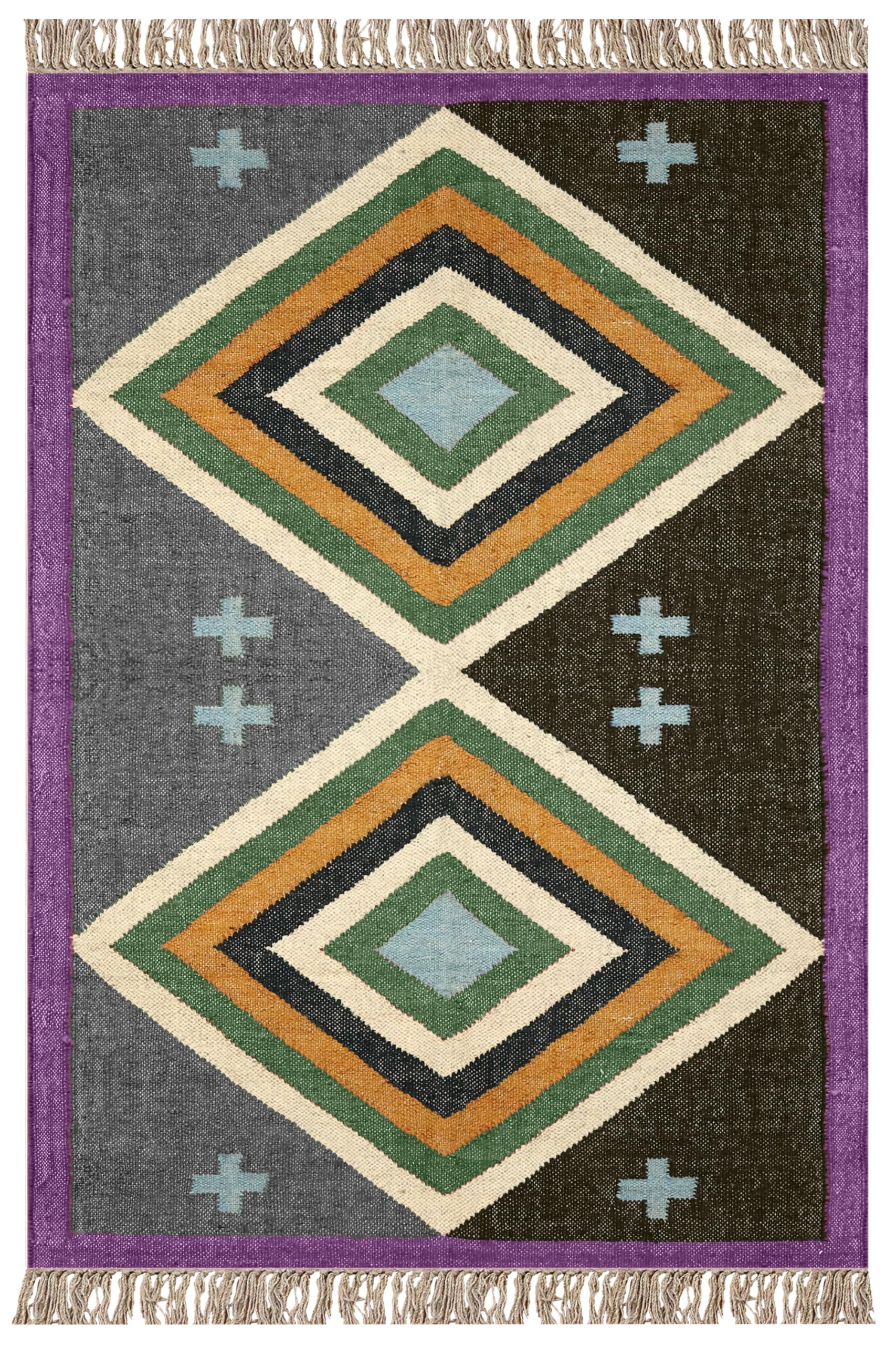 Tapis kilim réversible en laine et jute violet géométrique 0,5cm