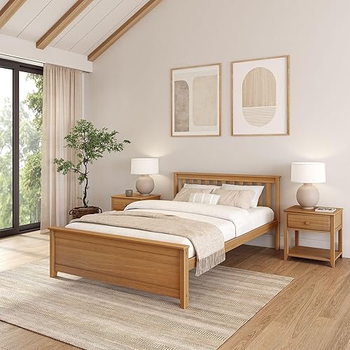 Plank+Beam Solid Wood Queen Bed Frame, Platform Bed with Headboard, Pecan Nuez