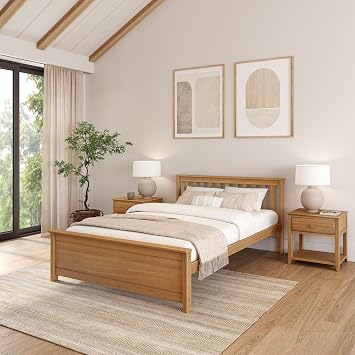 Plank+Beam Solid Wood Queen Bed Frame, Platform Bed with Headboard, Pecan