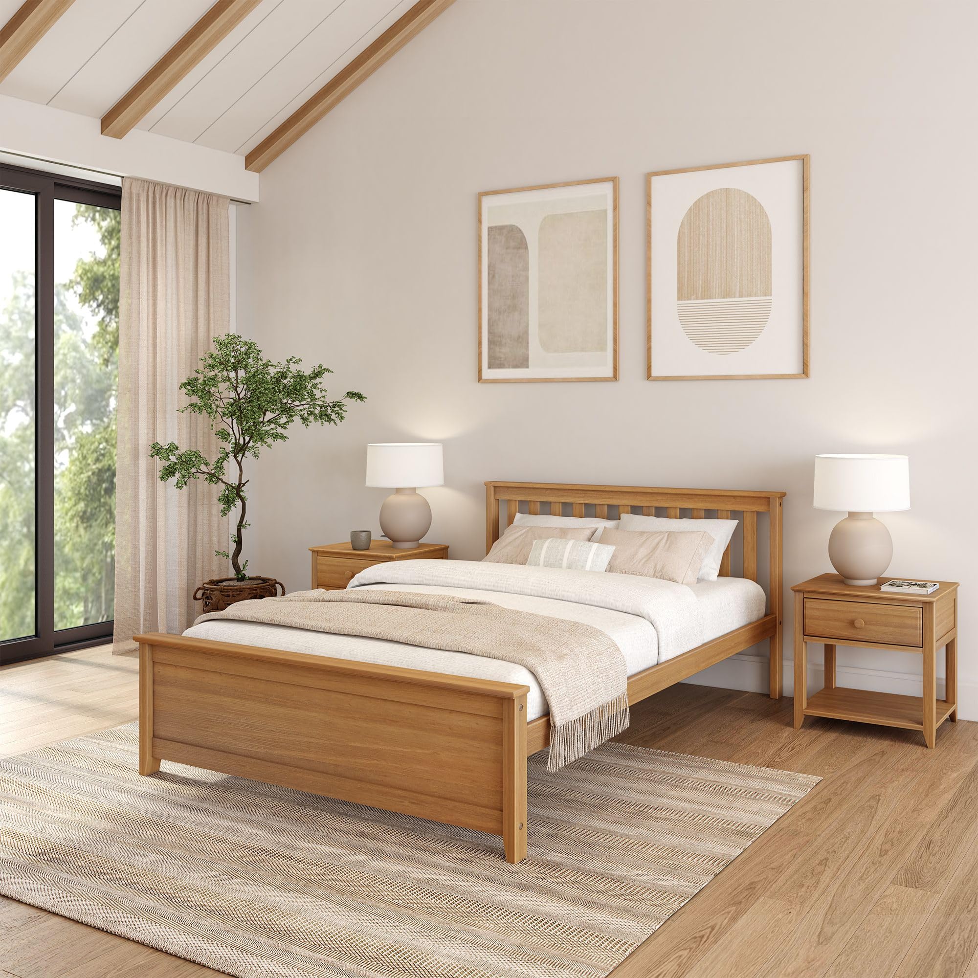 Plank+Beam Solid Wood Queen Bed Frame, Platform Bed with Headboard, Pecan