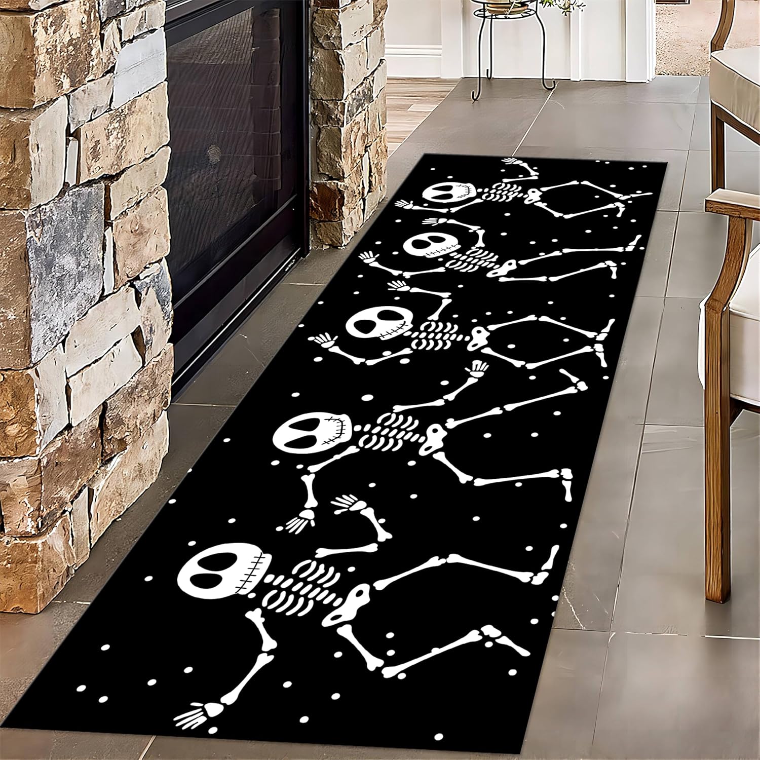 Happy Halloween Runner for Entryway, 1.3x7ft, Fun Skeletons Body Skull Hallway Carpet, Non-Shedding Low Pile Easy Clean Rugs, Soft Foldable Absorbent Rug for Family Living Room