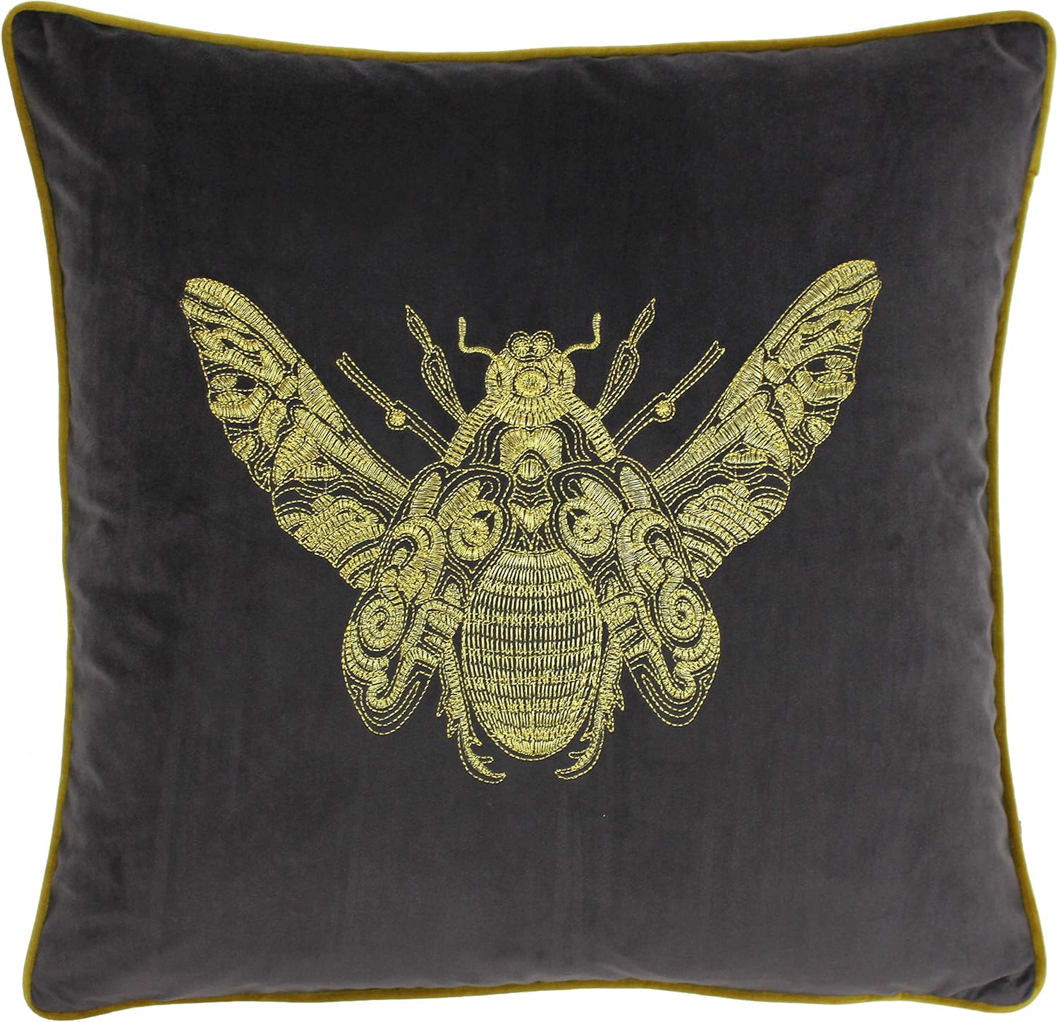 Riva Paoletti Cerana Cushion Cover - Charcoal Grey - Super Soft Velvet Fabric - Embroidered Gold Bee Design - Gold Piped Edges - 100% Polyester - 50 x 50cm (20" x 20" inches)