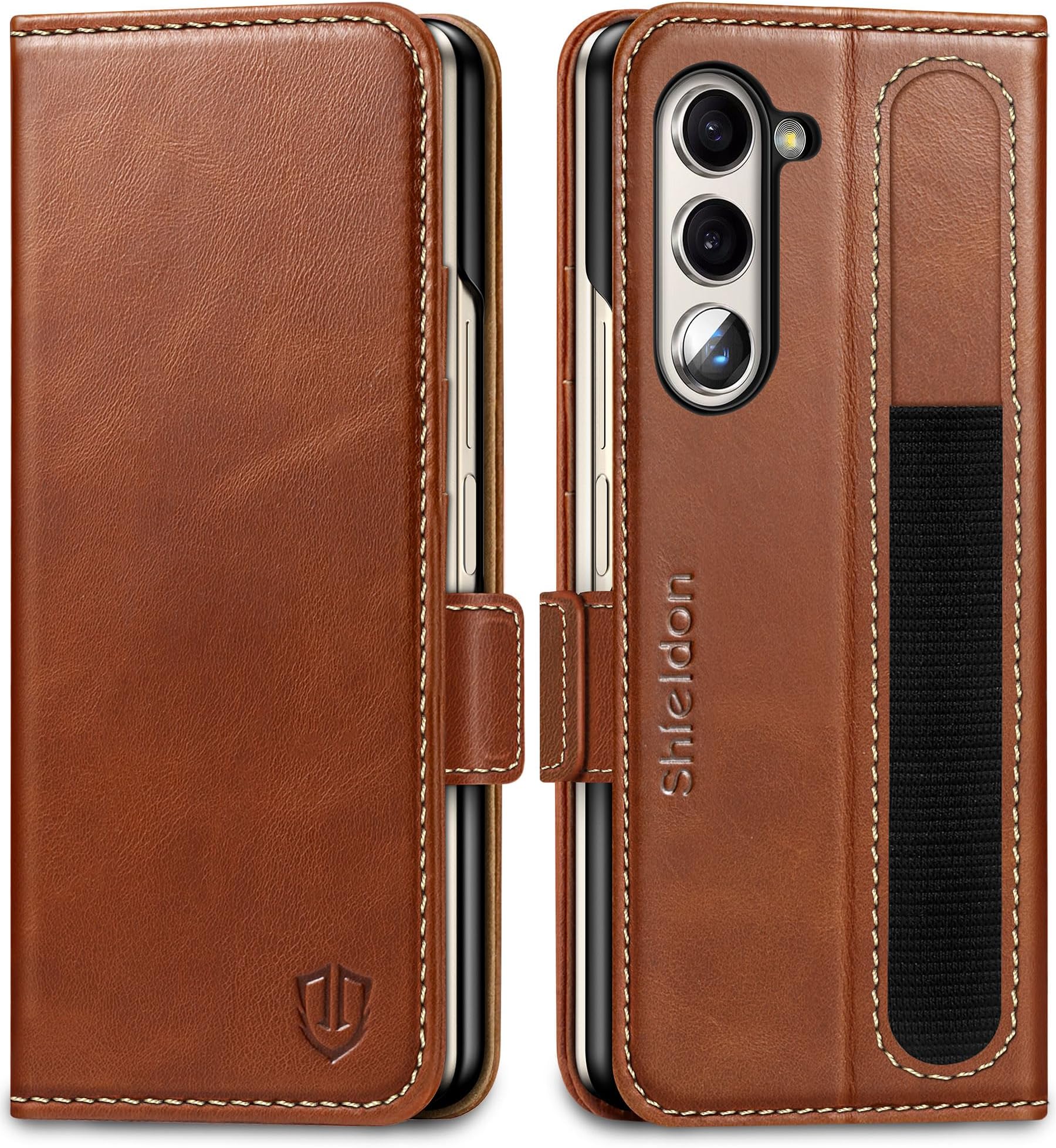 SHIELDON Flip Case for Galaxy Z Fold 5 2023, Genuine Leather Wallet Case with S Pen Holder [RFID Blocking][Kickstand][Magnetic Closure] Shockproof Case Compatible with Galaxy Z Fold5 5G - Retro Brown