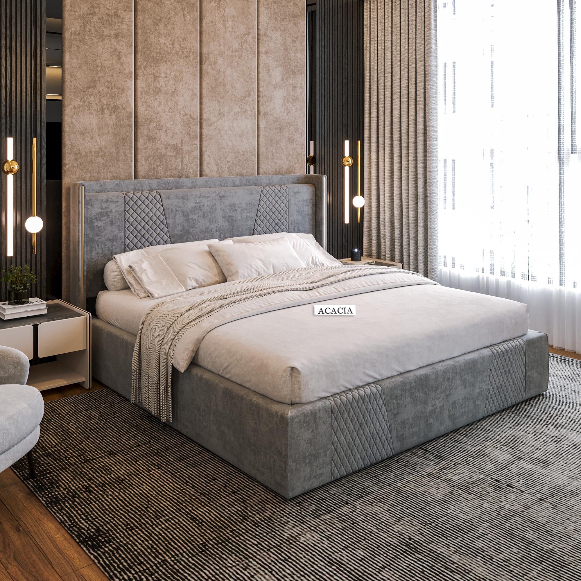 Acacia Modern Upholstered Bed Queen Size with Storage for Bedroom | Wooden Platform Double Cot Queen Size Bed with Box Storage for Hotels | Upholstery Premium Fabric | 6.5 x 5 Ft | Sheesham Wood, Mine