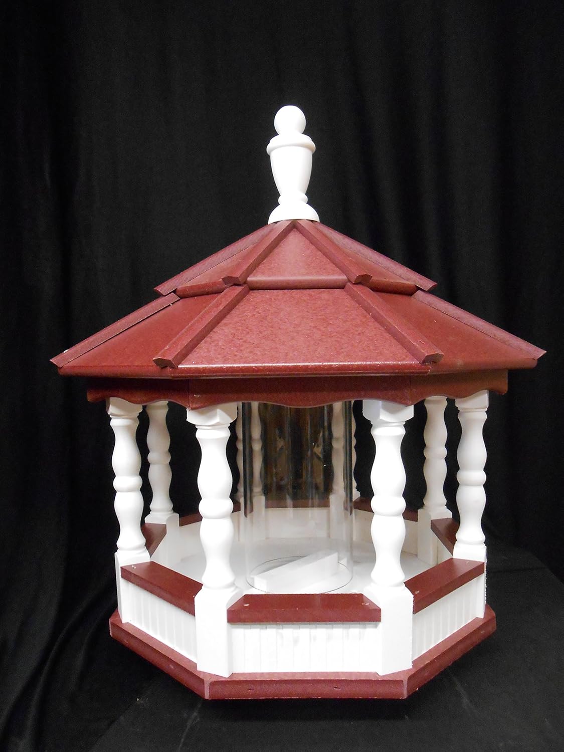 Large Vinyl Spindle Bird Feeder Amish Handmade Handcrafted White & Red Roof