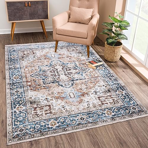Bloom Rugs Caria - Camino persa tradicional lavable antideslizante de 5.9 ft, color terracotaazul, para entrada, pasillo, baño y cocina, tamaño