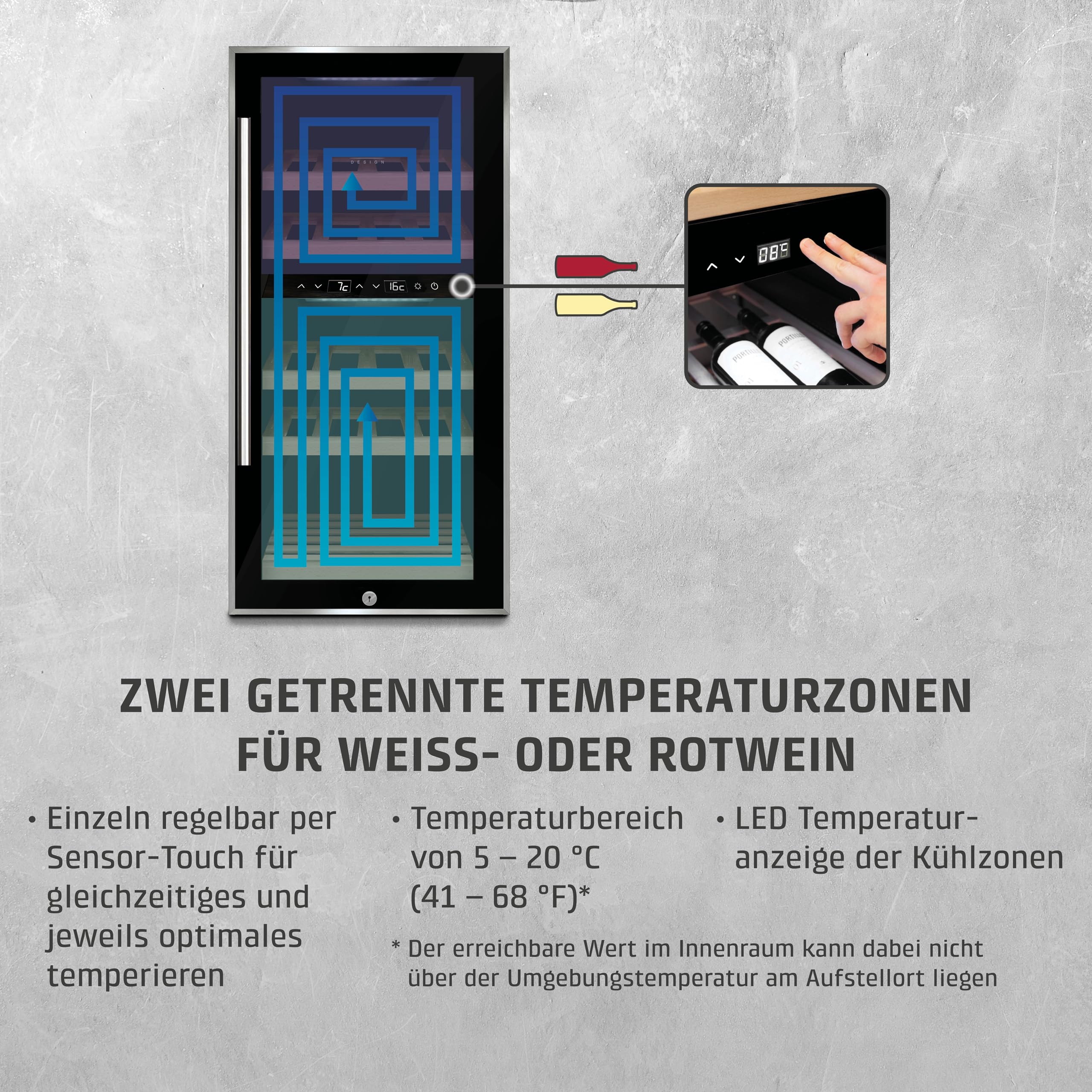 Caso WineComfort 24 black, Weinkühlschrank für 24 Flaschen, 2 Zonen auf 5-20°C einstellbar,Sensor- Touch, LED beleuchtet freistehend, UV-Filterglas, Schwarz