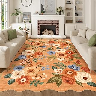 DUKINO 5x7 Area Rugs for Bedroom, Floral Washable Rug Non Slip, Orange