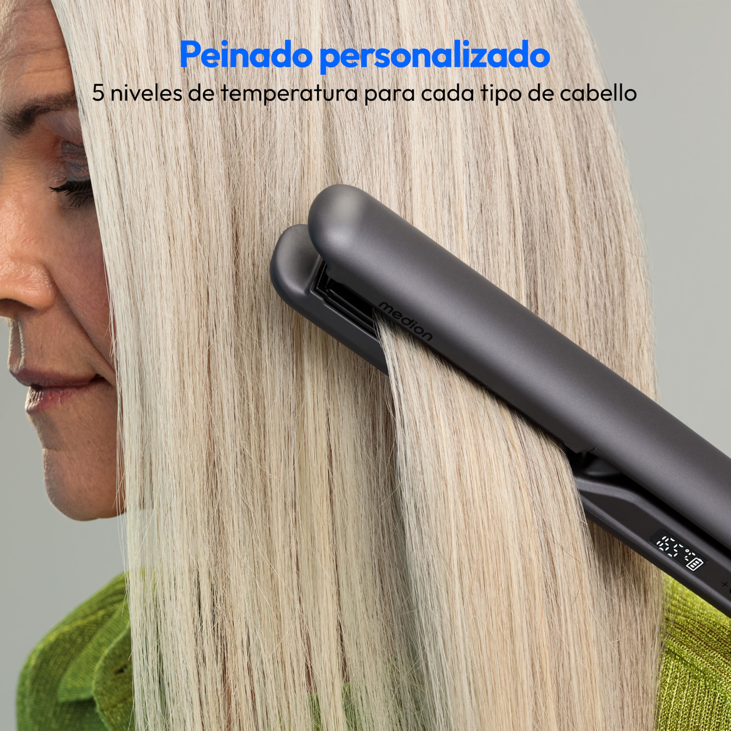 MEDION HS2 Plancha de pelo sin cable con pantalla (indicador de temperatura y batería, 5 posiciones de calor regulables, placas flexibles de cerámica/turmalina con sensor de temperatura