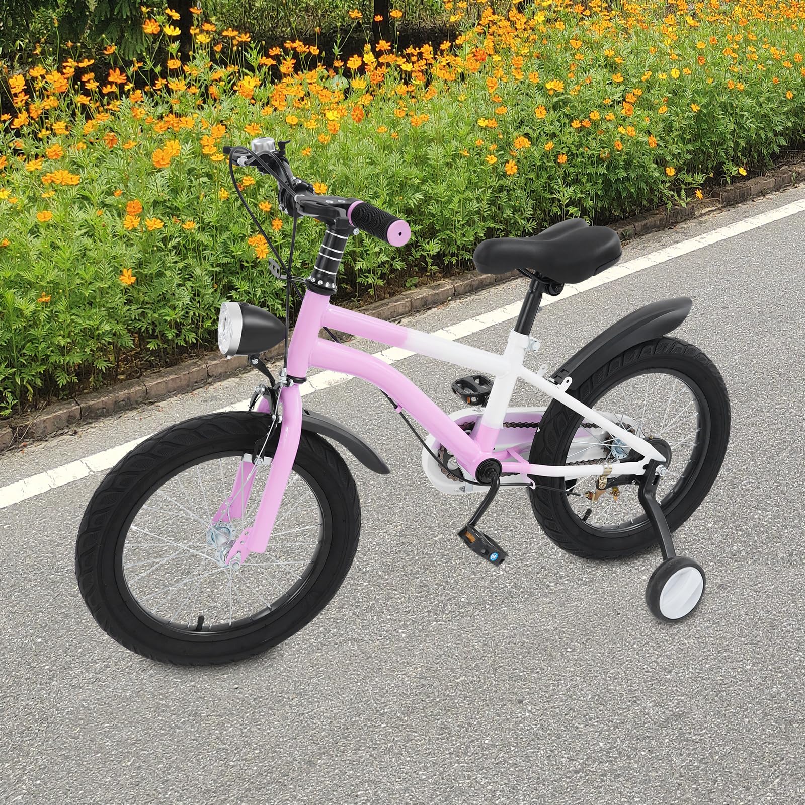 Bicicleta infantil 16 pulgadas freno disco luz LED ruedas estabilizadoras rosa ajustable sillín manillar carga 60 kg