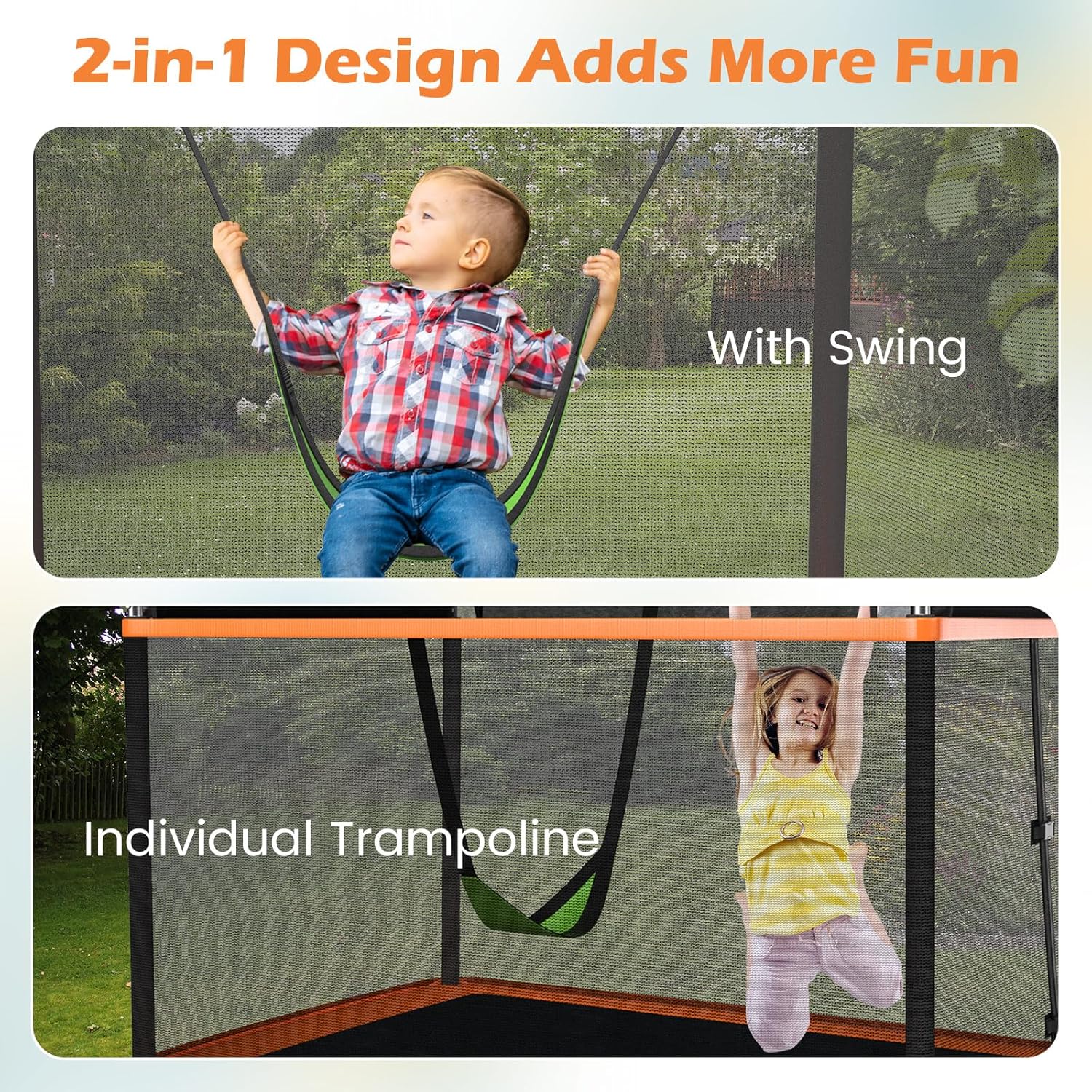 Image illustrating the 2-in-1 design of the trampoline, showing a child on the swing and another child using the trampoline individually.