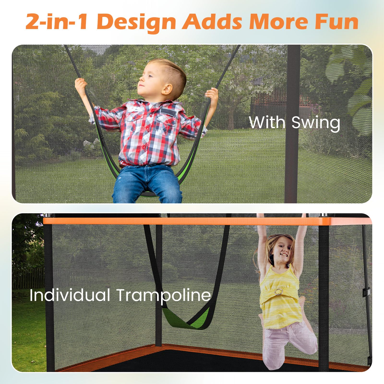 Goplus 6FT Kids Trampoline with Swing, ASTM Approved Rectangle Recreational Trampoline w/Enclosure Safety Net, Galvanized Steel Frame, Indoor Outdoor Baby Toddler Trampoline for Boys Girls (Orange)