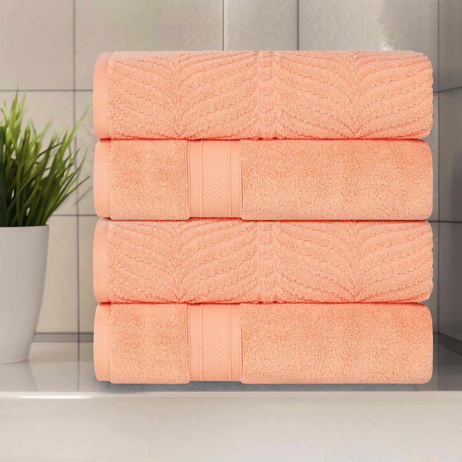 Superior Cotton Chevron Bath Towel Set, Zero Twist, Large Plush Absorbent Body Towels, Luxury Soft Quick Drying, Shower, Spa, Hotel, Pool, Guest Bathroom, Home Essentials, Set of 4, Peach
