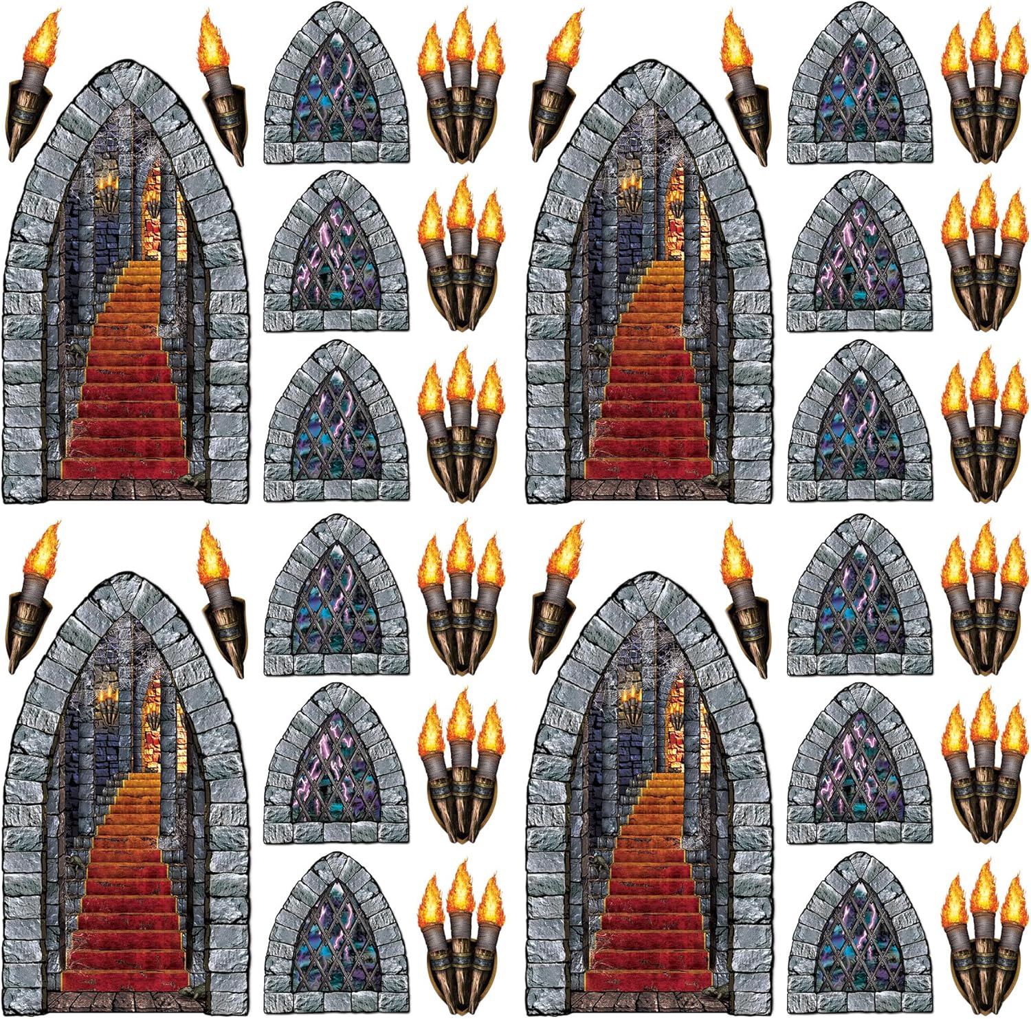 Beistle Medieval Stairway, Window & Torch Props 36 Image Set – Gothic Haunted Castle Plastic Cutouts for Halloween Parties, Dungeon Themes and Spooky Wall Decorations – 18" to 60"