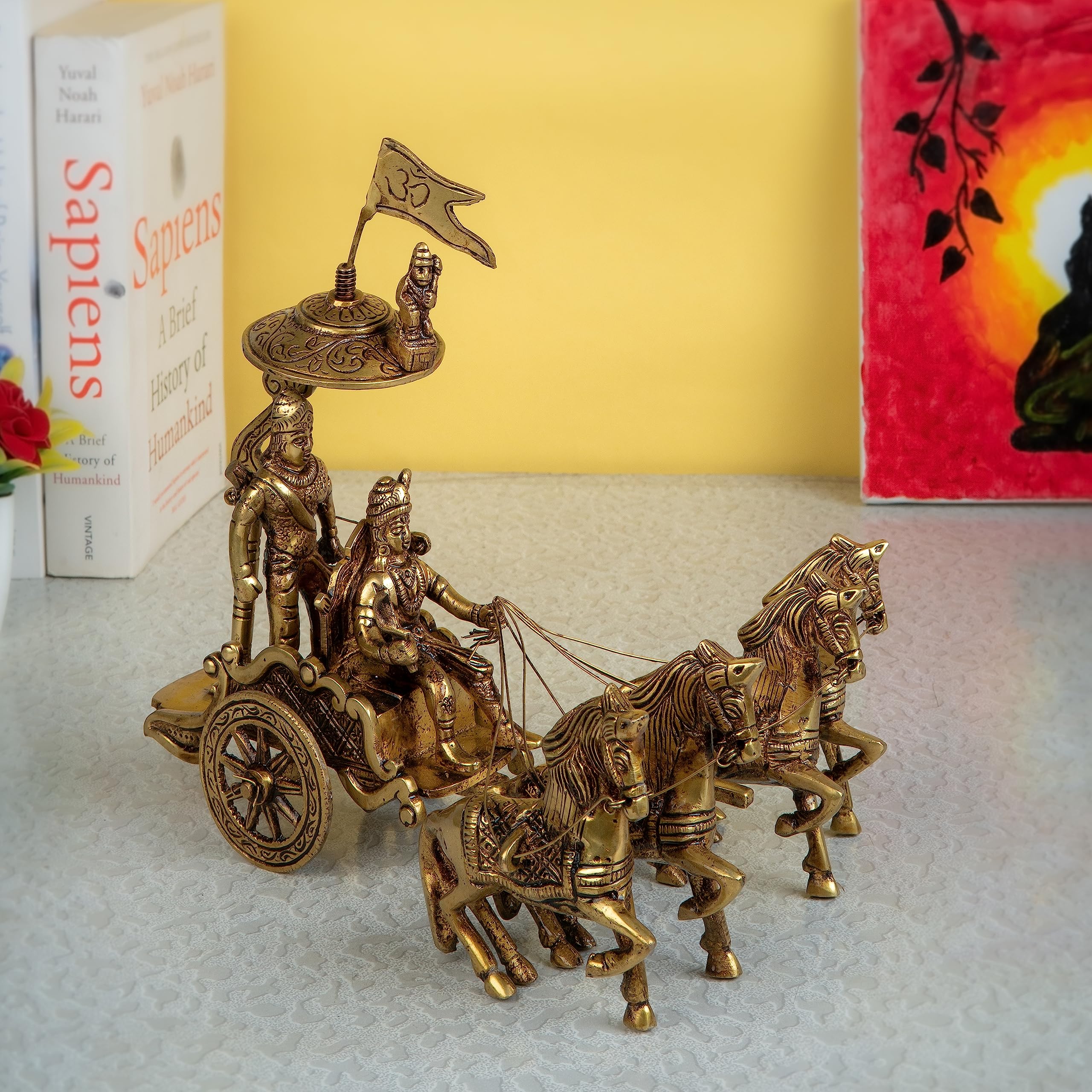 Jaszz Art Brass Arjun Rath 4 hourses Office, Home, Table for Good Luck Home Decor, Counter, Decorative Figurine, Handcrafted Unique, Vastu Animal Gift Item (25 * 18 * 20 Cm - 1750 gm)