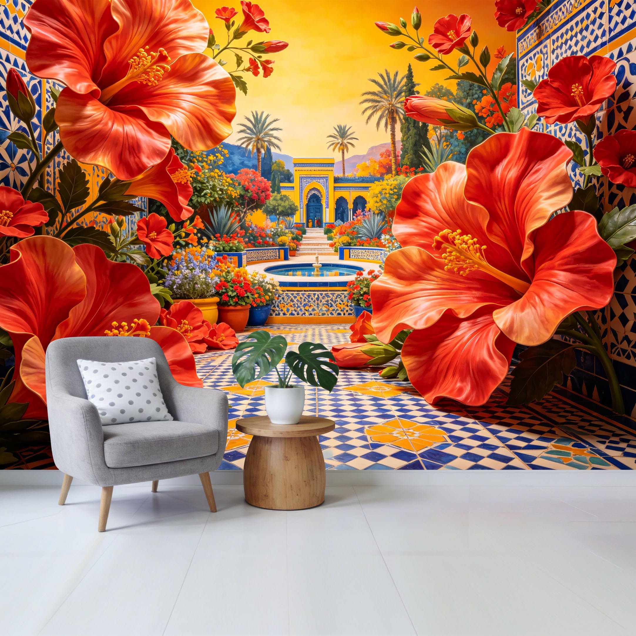 Custom Size Wall Mural Tropical Hibiscus Flower Moroccan Tile Fountain Landscape Oil Painting SelfAdhesive Wall Fabric Removable Wallpaper for Home Office Decor