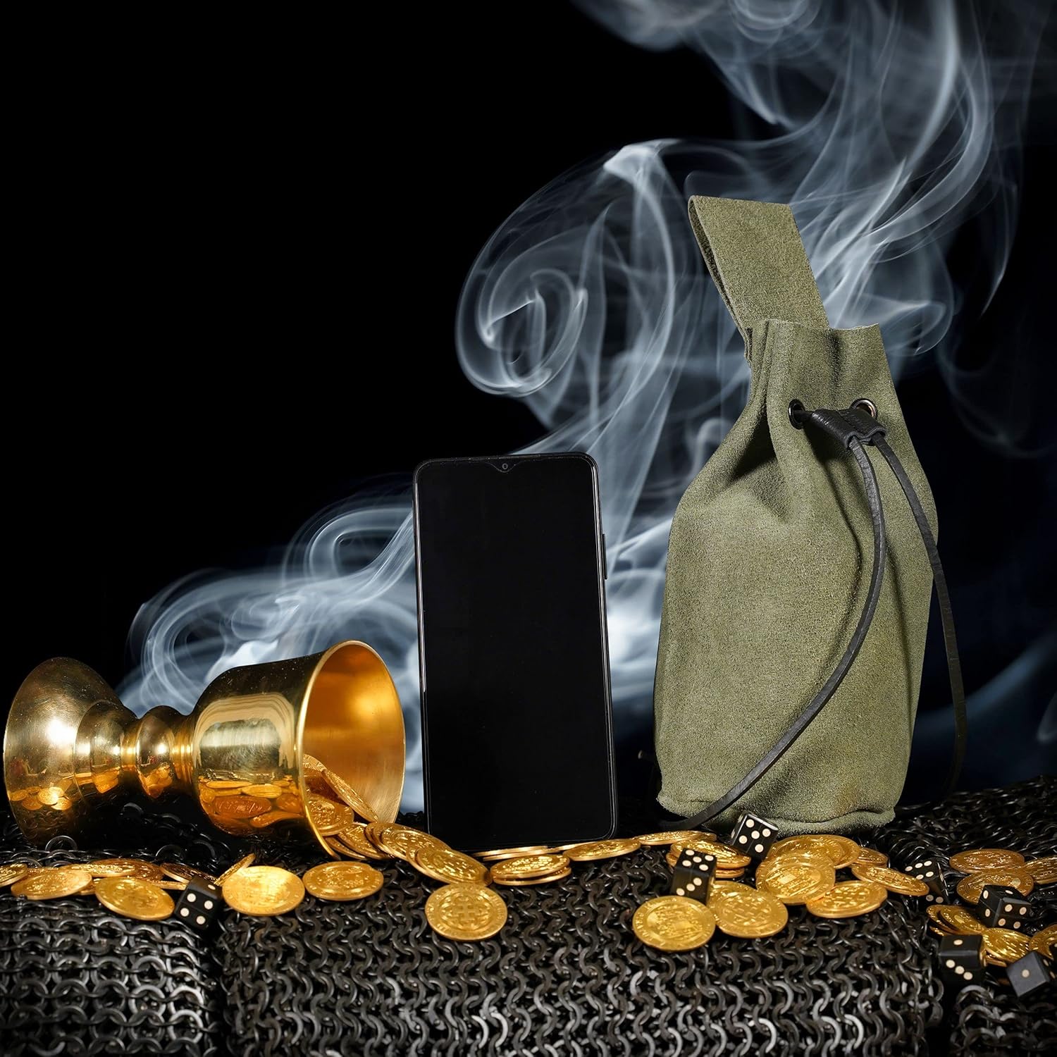 Mythrojan Drawstring Belt Bag Renaissance Costume Accessories Medieval Suede Leather Purse Viking Coin Jewelry Pouch Waist Bag for LARP, Festivals, Renfaire, Reenactments Green- 8" x 6.5" - Image 5