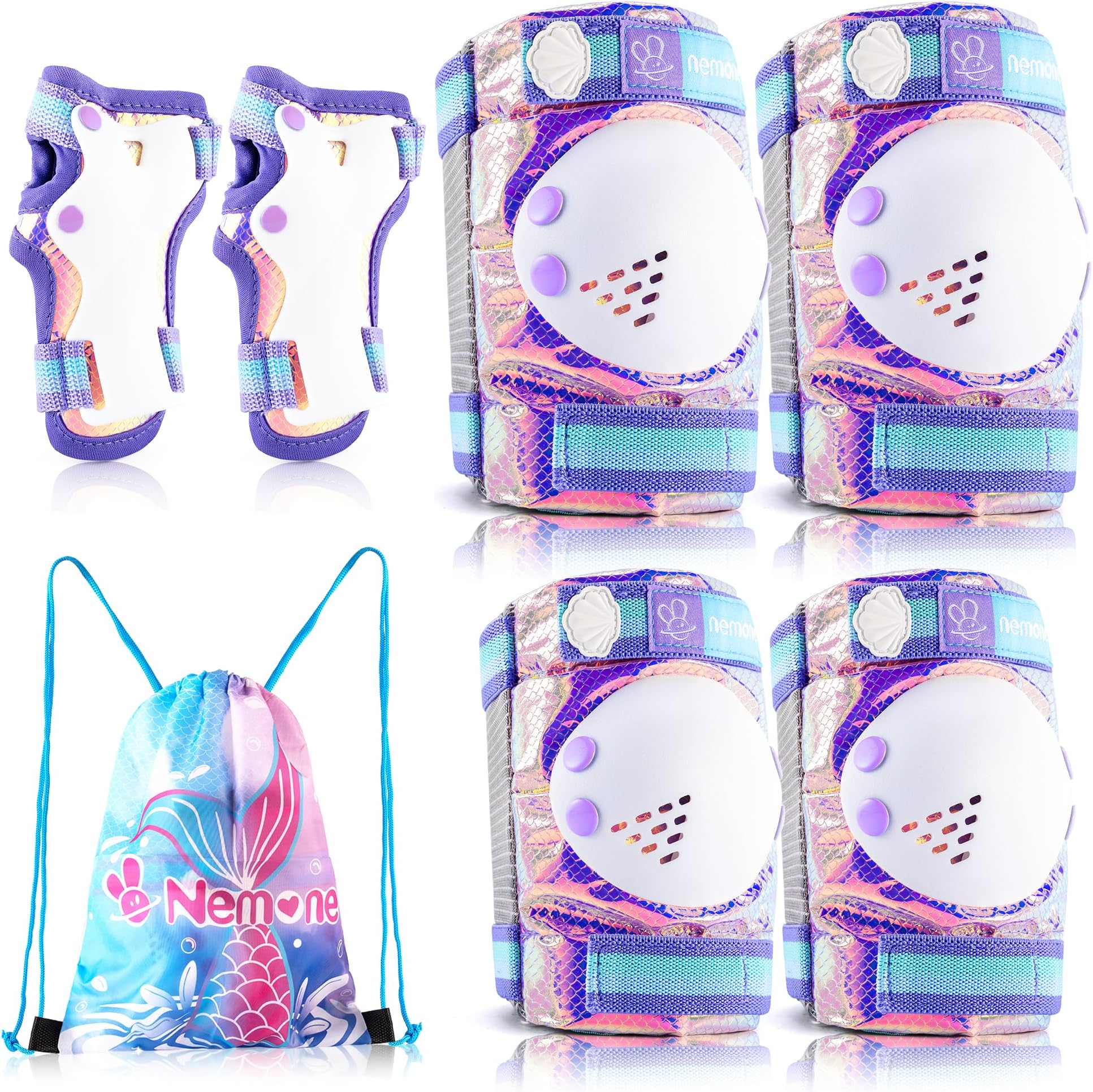 NEMONE Mermaid Knee Pads for Kids, Girls Boys Knee Elbow Pads Wrist Guards with Drawstring Bag, Adjustable Reflective Protective Gear Set for Roller Skates Bike Cycling Skateboard Scooter