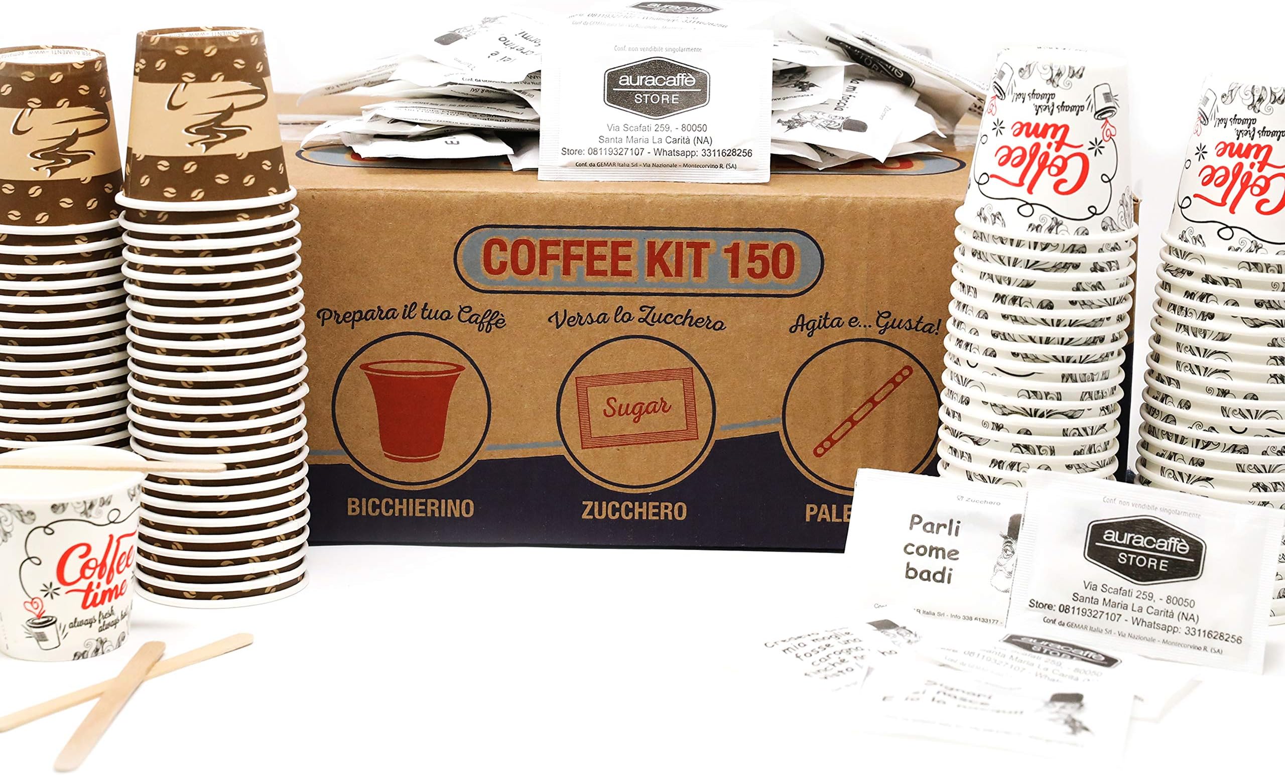 Kit Caffè Monouso AURACAFFE - 150 Bicchierini Carta 75ml + 150 Palettine Legno + 150 Zuccherini - Biodegradabile - Foto 4