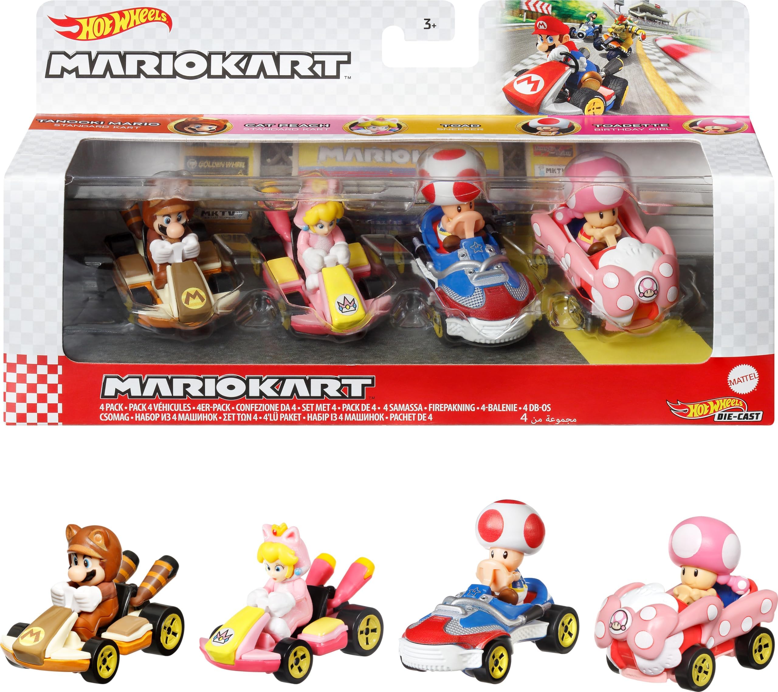 Hot Wheels Mario Kart 4-Pack, Collectible Set of 4 Toy Vehicles with Tanooki Mario, Cat Peach, Toad Sneeker & Toadette Birthday Girl