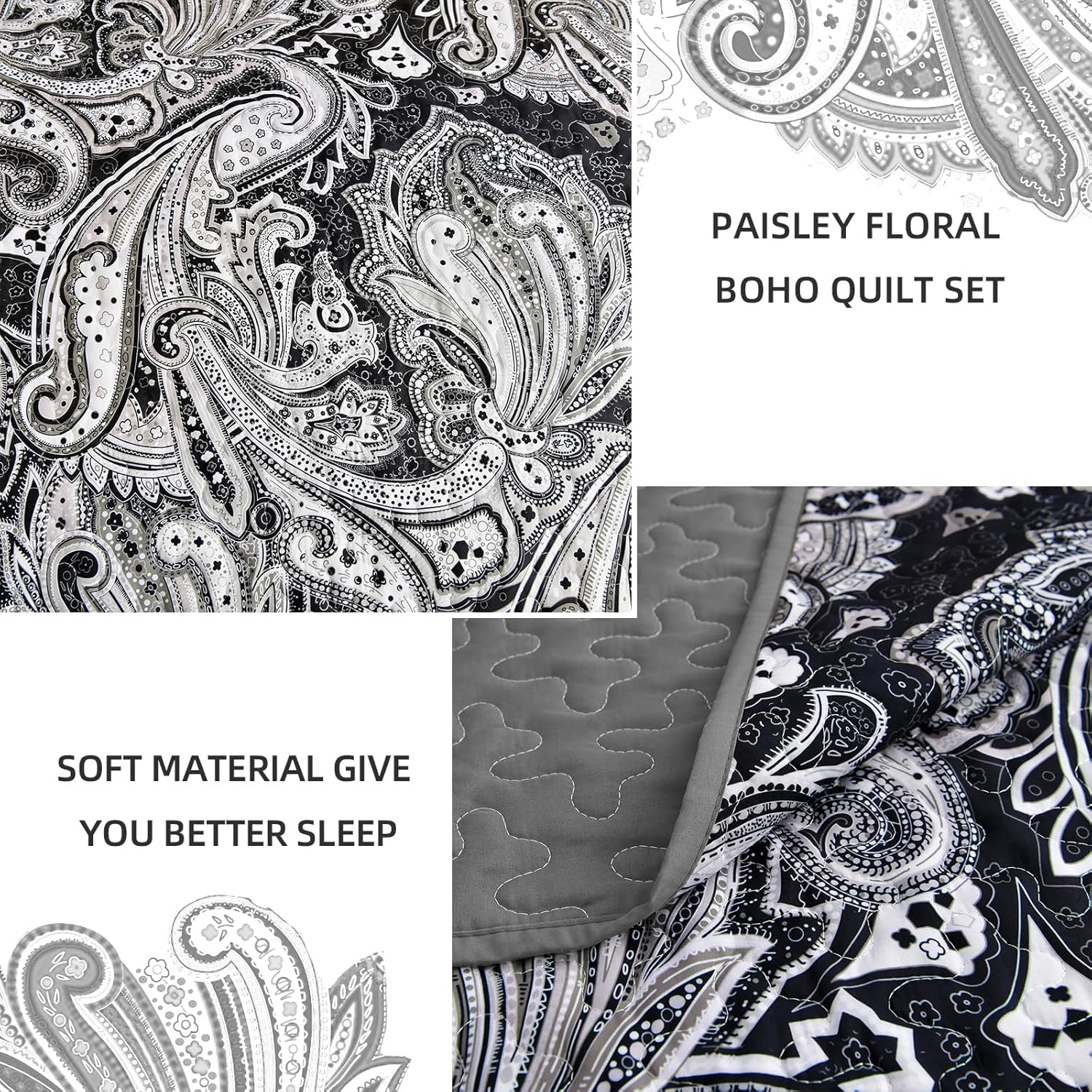 DJY Black Paisley Quilt Set King Size Boho Bedspread Coverlet Set 3 Pieces, Soft Lightweight Black and Gray Paisley Floral Pattern Bedding for All Season, 110''x90'' - Image 4