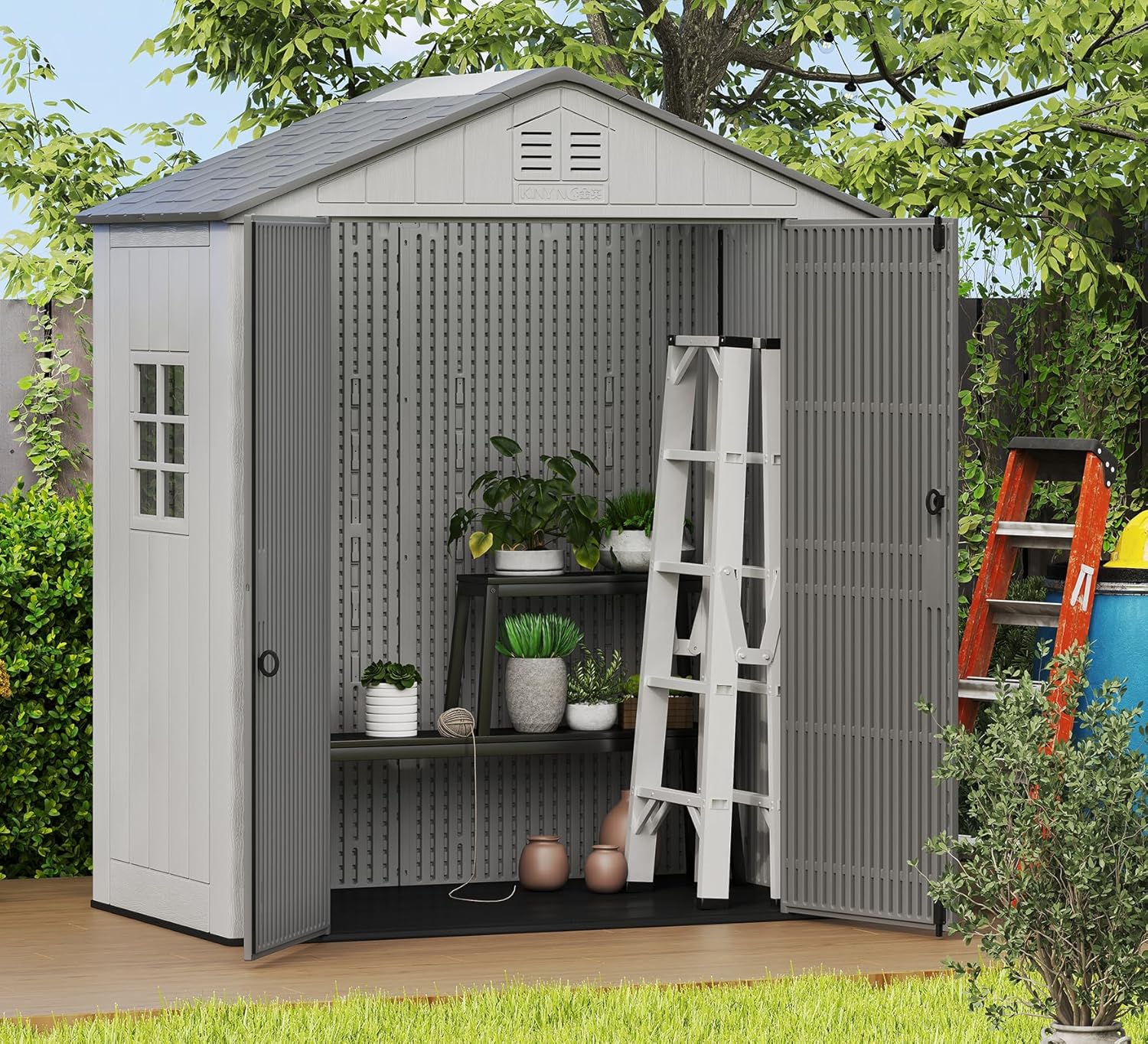 HOMSPARK Outdoor Storage Shed 6x4 Ft, All-Weather Resistant Resin Garden Sheds & Outdoor Storage Clearance with Floor & Windows, Double-layer Plastic Tool Sheds for Patio, Garden & Lawn(Grey,Flat Top)
