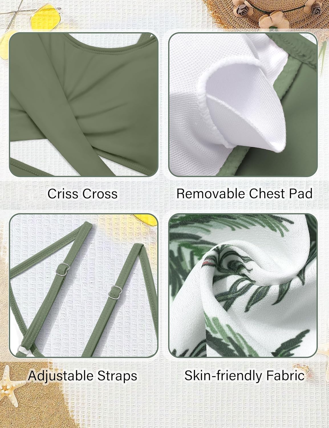 Girls Swimsuit 3 Piece Tropical Print Bikini Set Criss Cross Bathing Suit with Drawstring Quick Dry Cover Up 7-16Y - Image 6