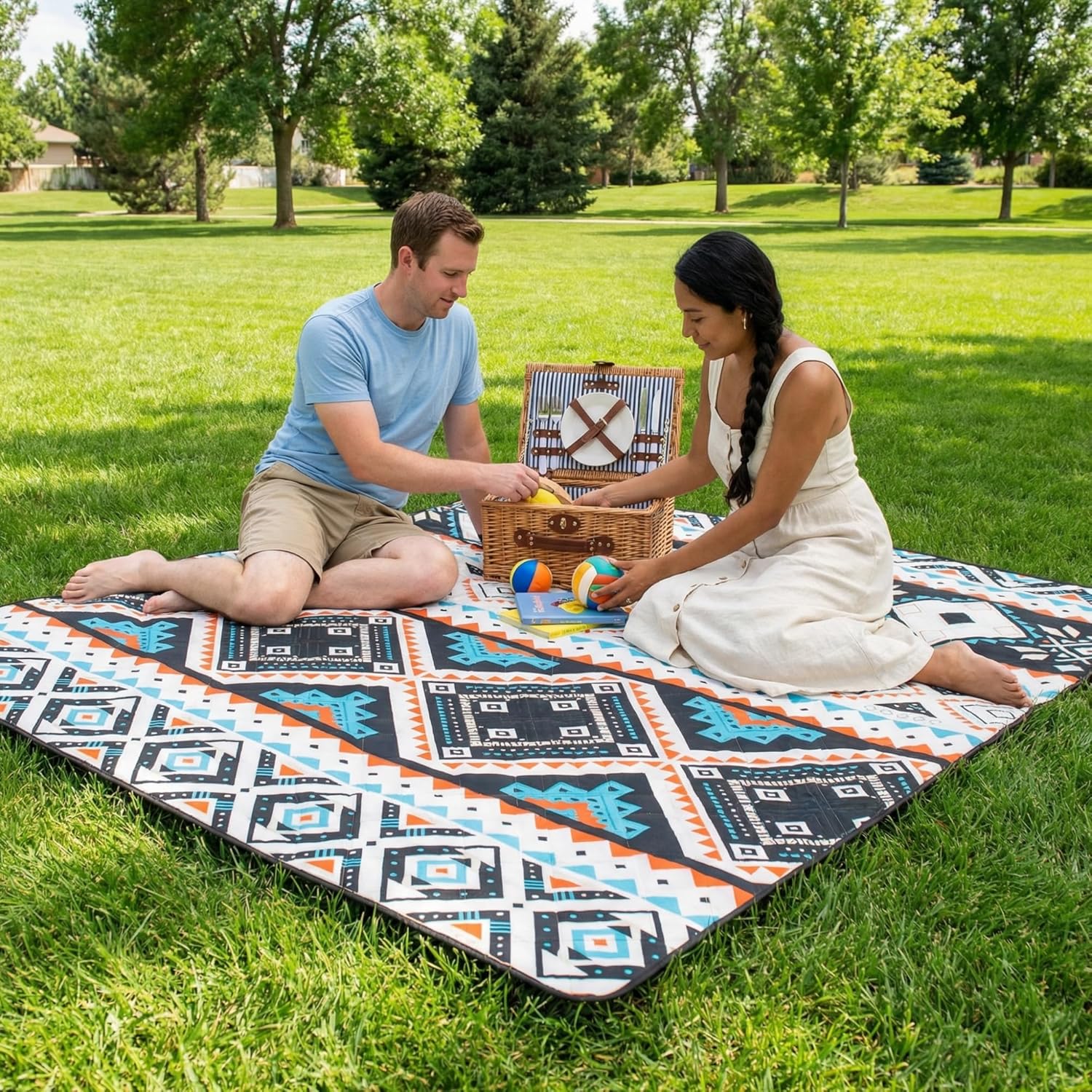 Outdoor Packable Picnic Blanket with Zipper Folds into Tote Bag with Large Storage and Shoulder Strap, Waterproof Sandproof for Lawn Beach Hiking Camping (colorful2, Large)