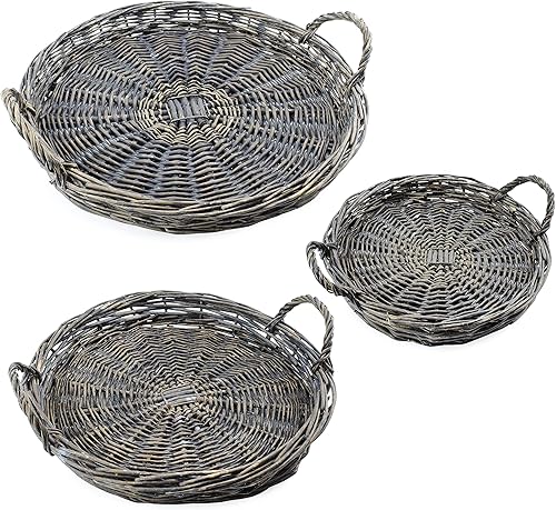 AuldHome - Bandejas rústicas de sauce (redondas, grises lavadas) bandejas decorativas de mimbre natural para casa de campo