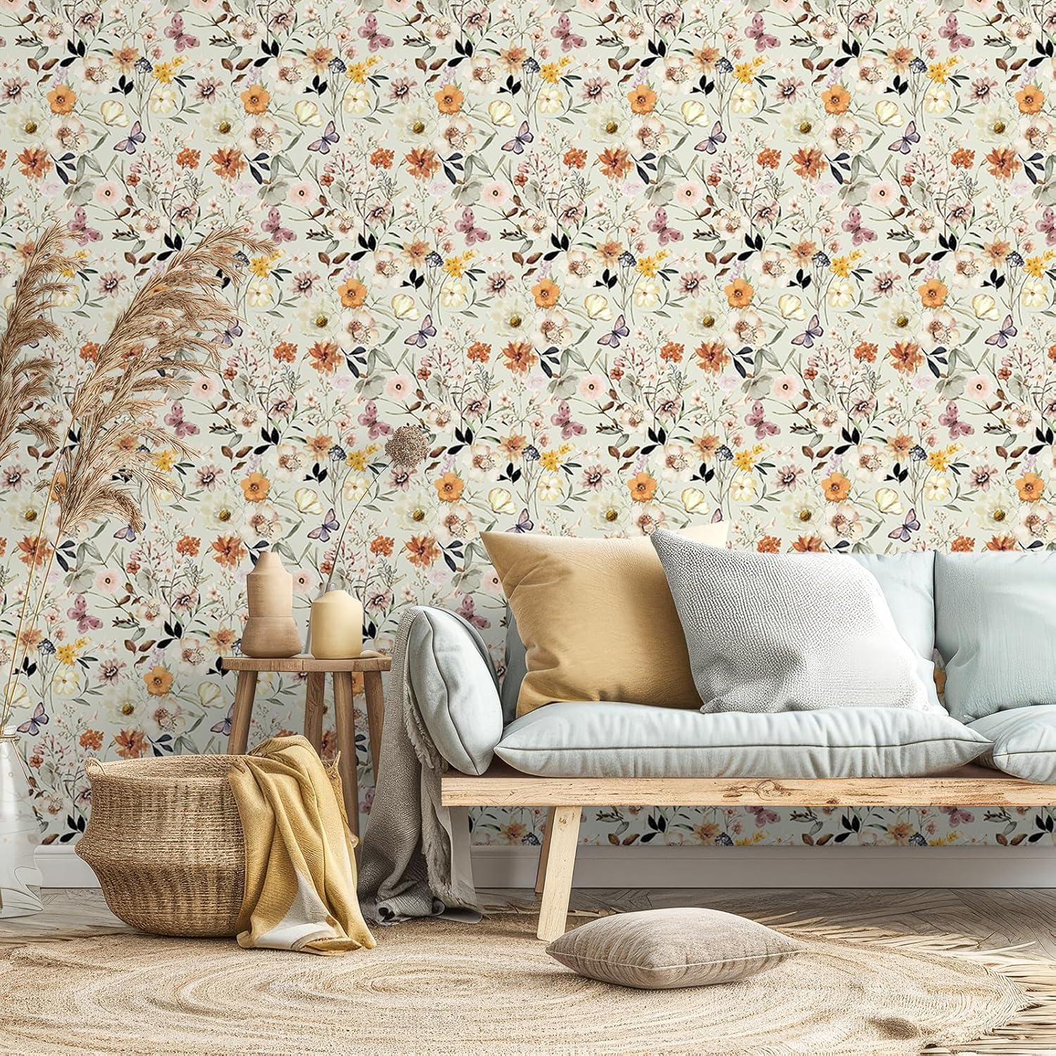 VEELIKE Watercolor Meadows Floral Wallpaper Boho Green Floral Peel and Stick Wallpaper for Bathroom Bedroom 17.7''x354'' Vintage Butterflies Flower Wallpaper Removable Contact Paper for Walls Cabinets