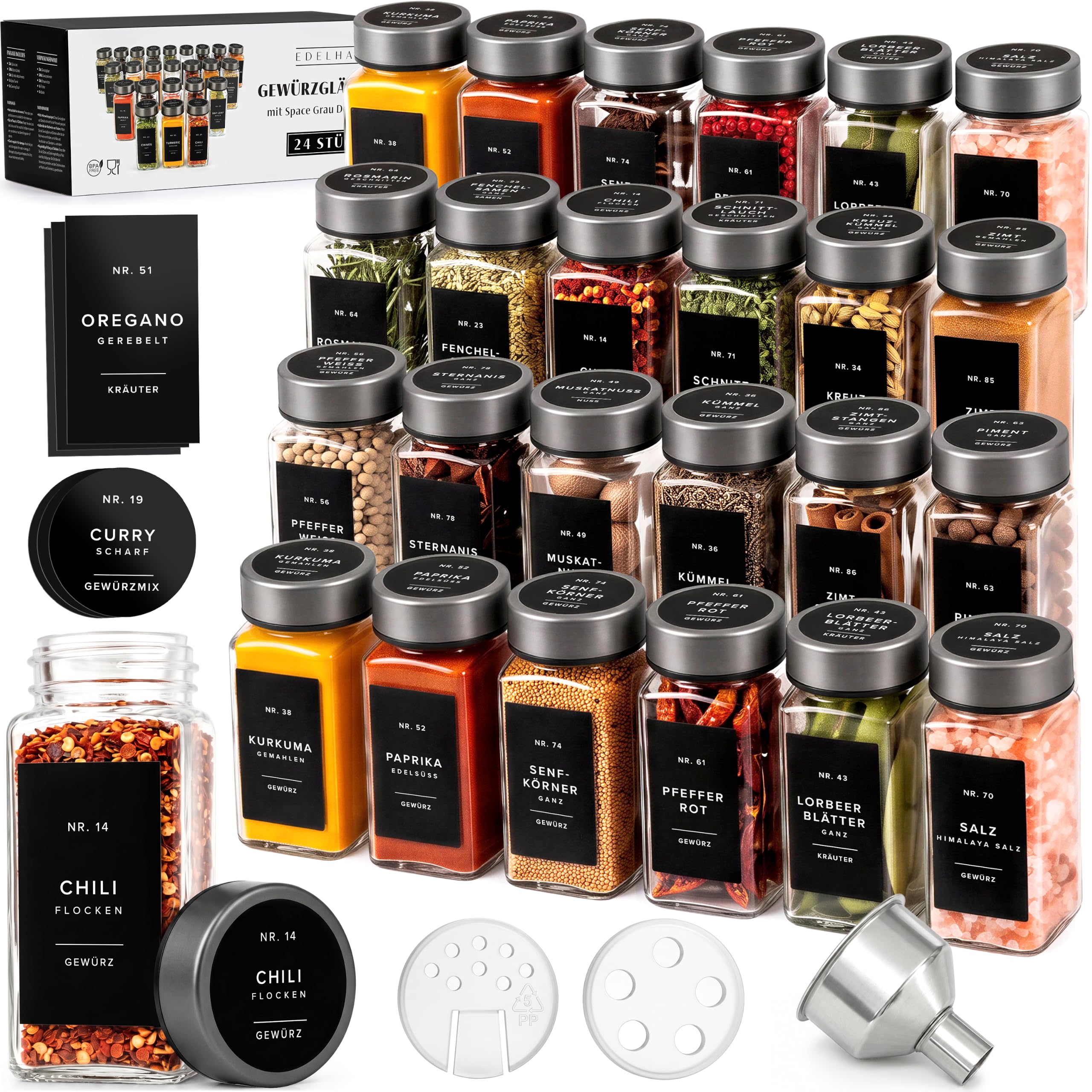 EDELHAUS Gewürzgläser Eckig Set 24x120ml Space Gray Edelstahl 240 Etiketten