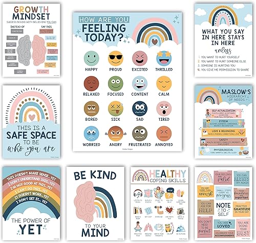 Miniatura 2 de 9 pósteres bohemios de salud mental arcoíris para aula primaria, 6 carteles de diversidad para decoración de aula para profesores, rincón tranquilo,