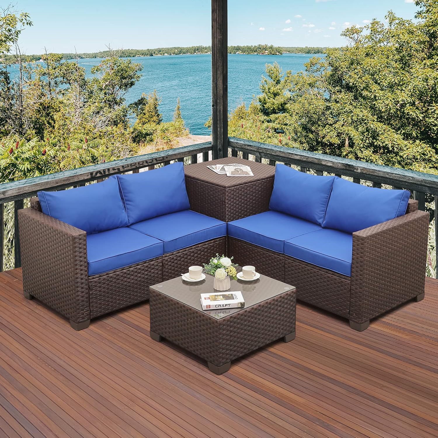 VALITA Patio PE Wicker Furniture Set 4 Pieces Outdoor Brown Rattan Sectional Conversation Sofa Chair with Storage Box Table and Royal Blue Cushions