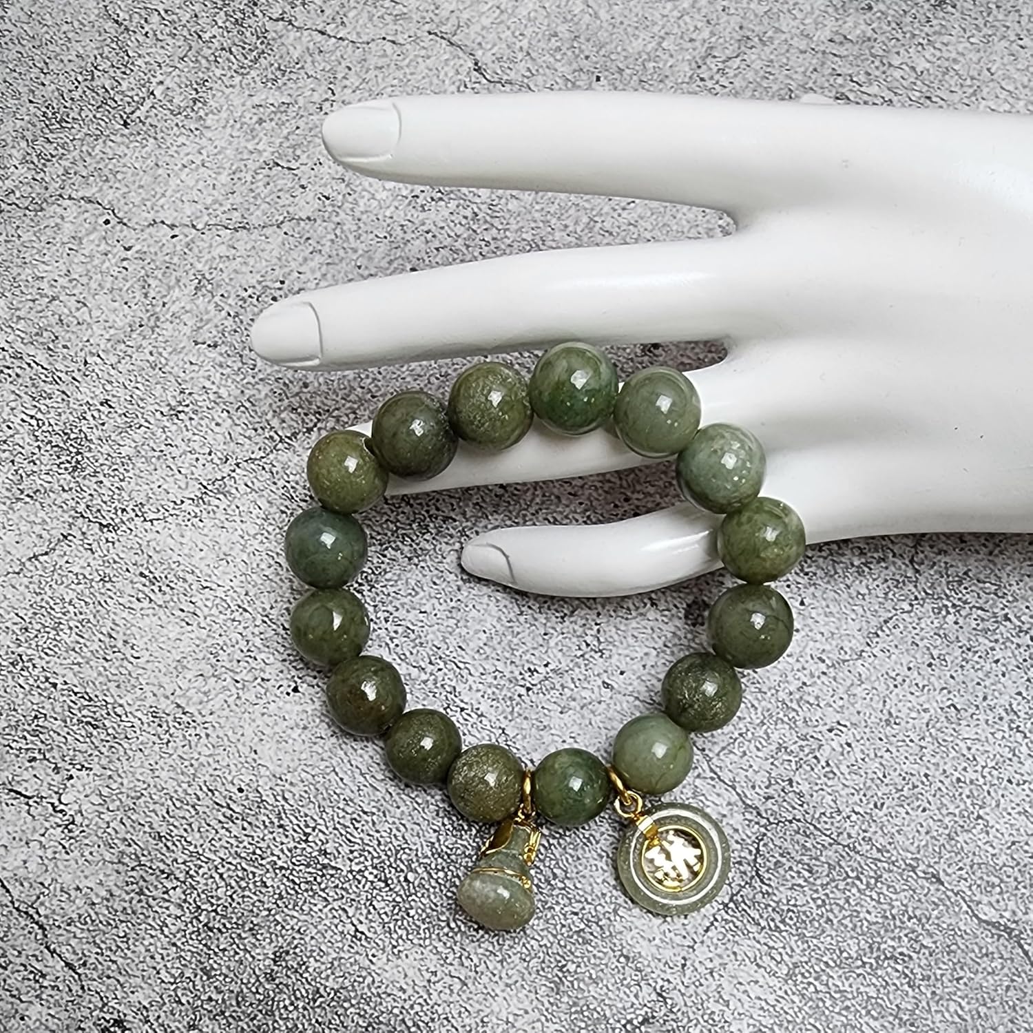 Natural Green Jade Stretch Bracelet with Gourd & Coin Charms – Thai Healing Energy Bangle for Prosperity, Luck & Abundance (14 mm, 7.5″) - Image 9