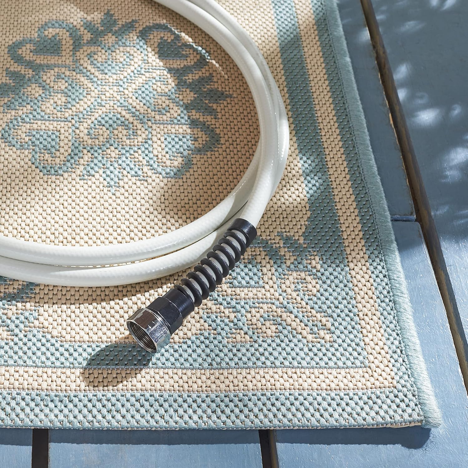 SAFAVIEH Washable Rug Outdoor Beach House Collection - 2'2" x 12' Runner, Cream & Aqua, Non-Shedding & Easy to Clean, Ideal for Patio, Backyard, Mudroom (BHS181L)