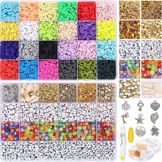 6000Pcs Clay Beads, Bracelet Making Kit 6 MM 24 Color Polymer Clay Beads for Jewellery Making DIY Art Craft Jewellery Making Kit for Kids Adults with 900 Letter Beads and Pendant Set
