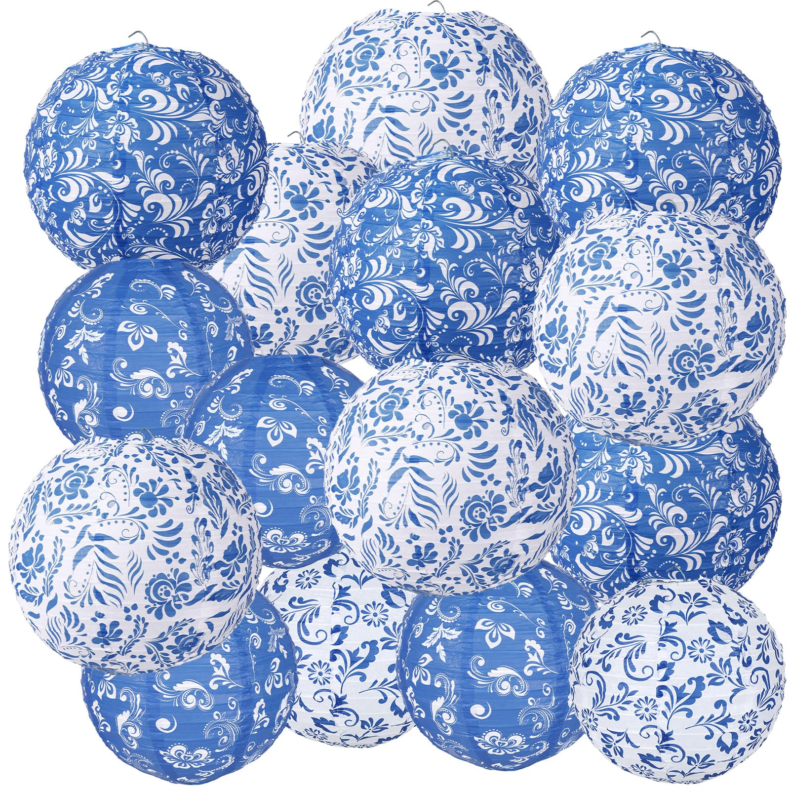 Lonfliness 15 Pcs Chinoiserie Paper Lanterns 10In 8In Blue and White Porcelain Hanging Lantern Party Decorations Chinese Round Lantern Ceiling Home Decor for Birthday Baby Bridal Shower Wedding Decor